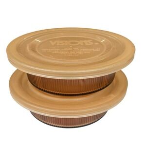 Corning Ware Visions Amber 24 Oz V-30-B Ribbed Casserole Dish w/ Lid - Lot Of 2